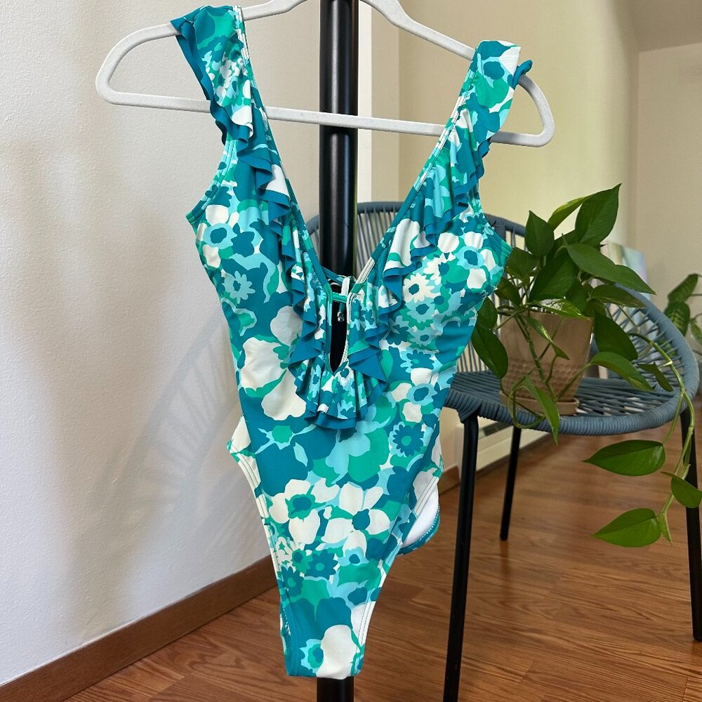 MK Michael Kors Swimsuit Womens Size 8 One Piece Bathing Suit Blue Floral Ruffle